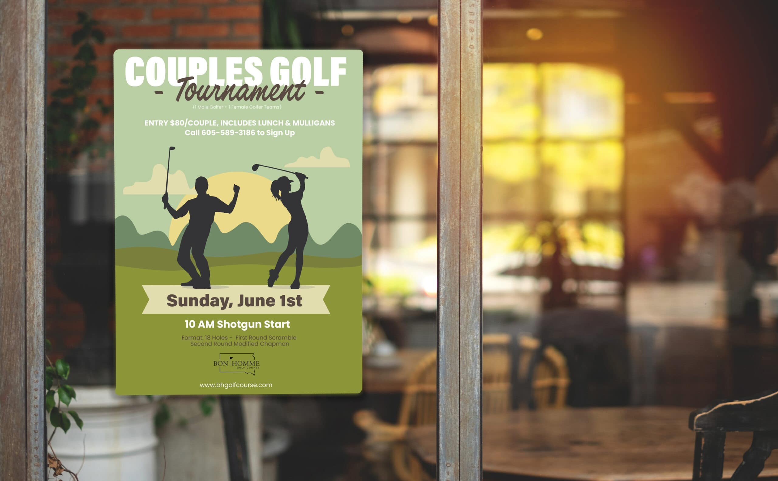 Mockup white paper or white promotion poster displayed on the front of the restaurant, coffee shop Promotion information for marketing announcements and details